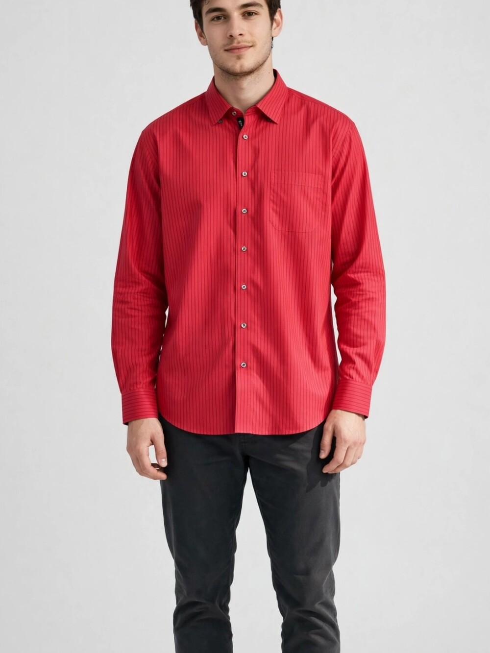Mens Button Up Shirt Paul Fredrick Sz 18.5x34 Tailored Fit Red Striped Long Slee